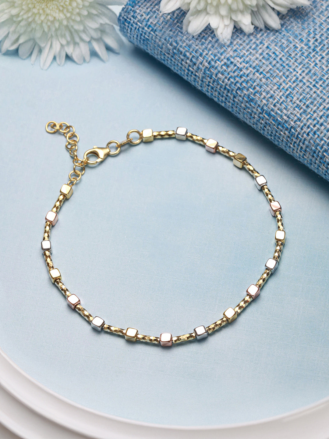 925 Sterling Silver Dual Toned Geometric Chain Adjustable Bracelet